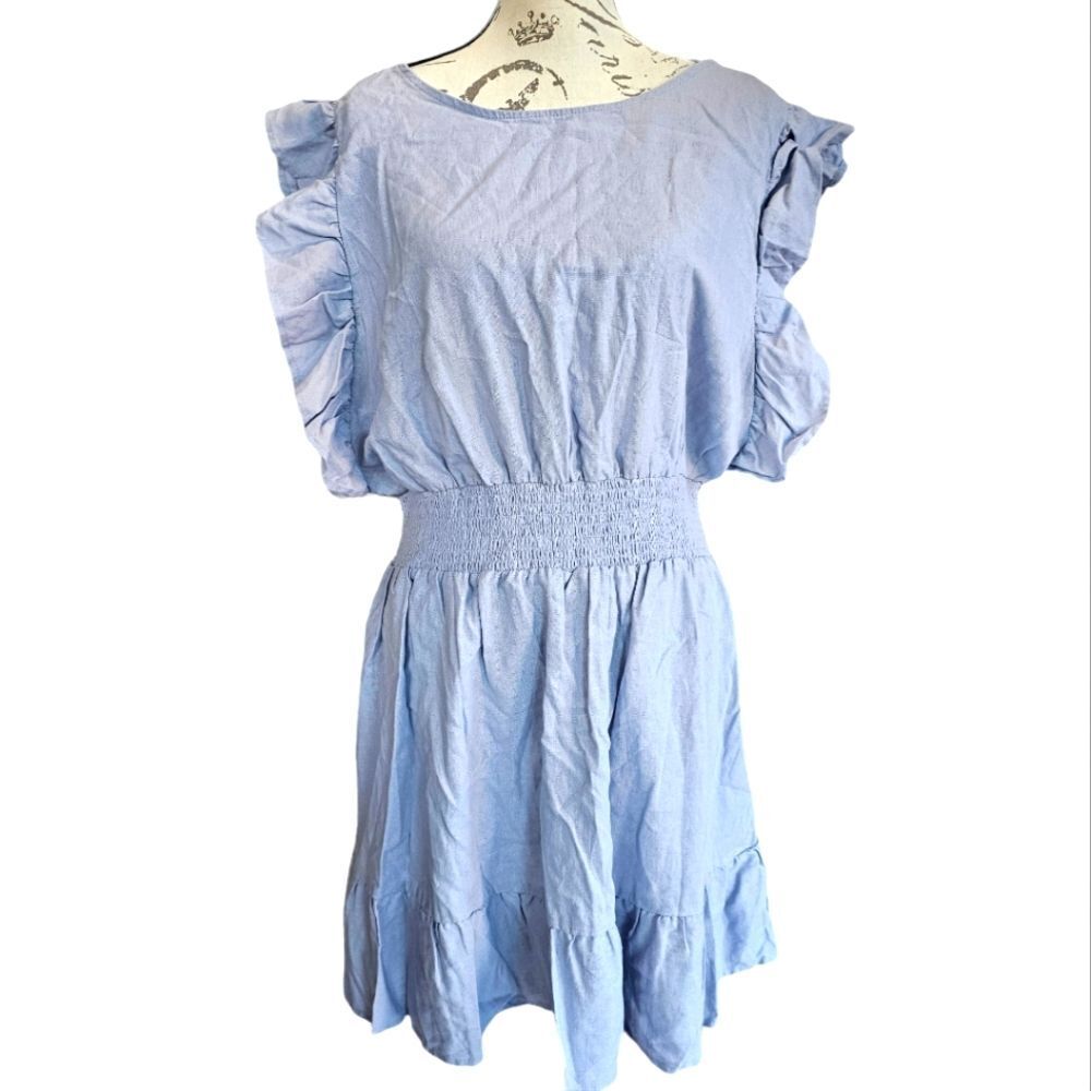 Nicole Miller -769 NWT Lighy Blue Smocked Waist Linen Blend Ruffle Mini Dress L